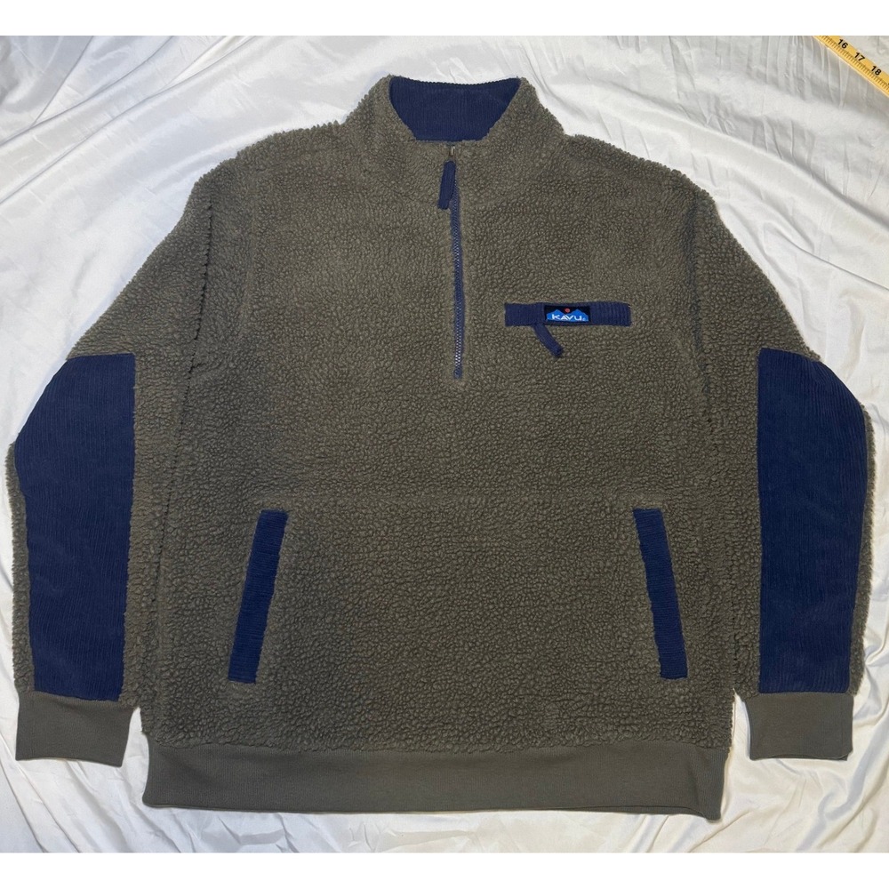 KAVU Klear Above 1/4 Zip Fleece‎ Pullover Mens Large Green Corduroy Trim Sherpa